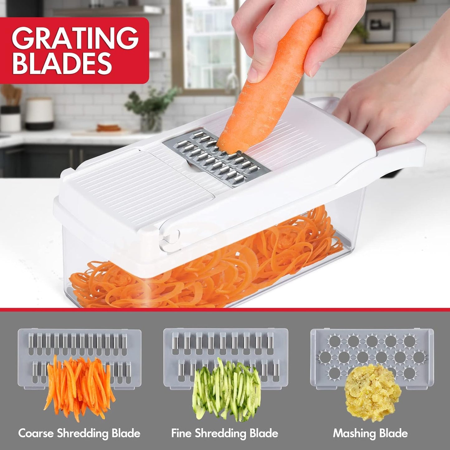 Ourokhome Vegetable Chopper Onion Cutter, 14 in 1 Professional Mandolin Slicer for Kitchen, Multifunctional Food Chopper for Potato, Tomato, Veggie with Strainer Basket, 10 Blades, Gray