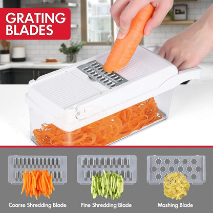 Ourokhome Vegetable Chopper Onion Cutter, 14 in 1 Professional Mandolin Slicer for Kitchen, Multifunctional Food Chopper for Potato, Tomato, Veggie with Strainer Basket, 10 Blades, Gray