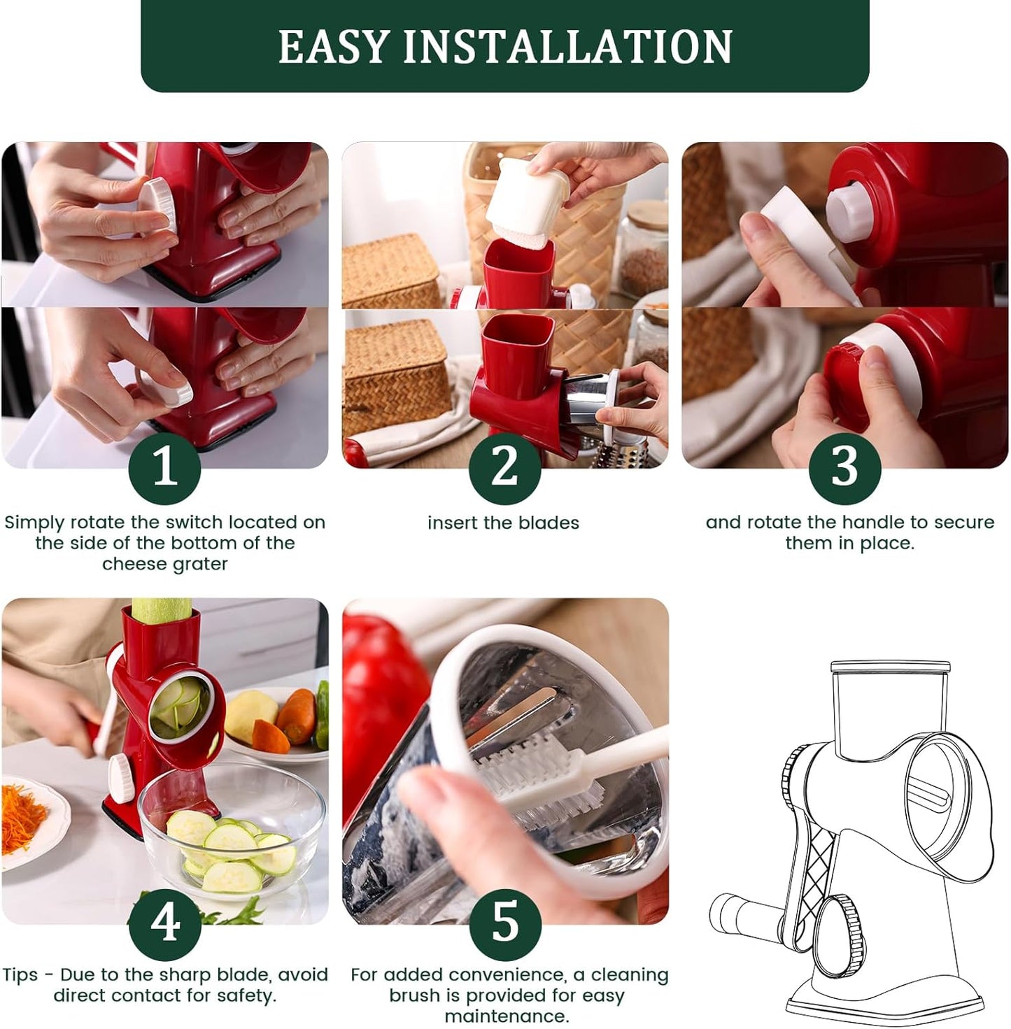 HANSGO Rotary Cheese Grater Hand Crank, Shredder Slicer Grinder, 3 Large Diameter Metal Blades & Cleaning Brush, Non-slip Suction Base, Labor-Saving Handle, Kitchen Gadgets for Cheese, Vegetable, Nuts
