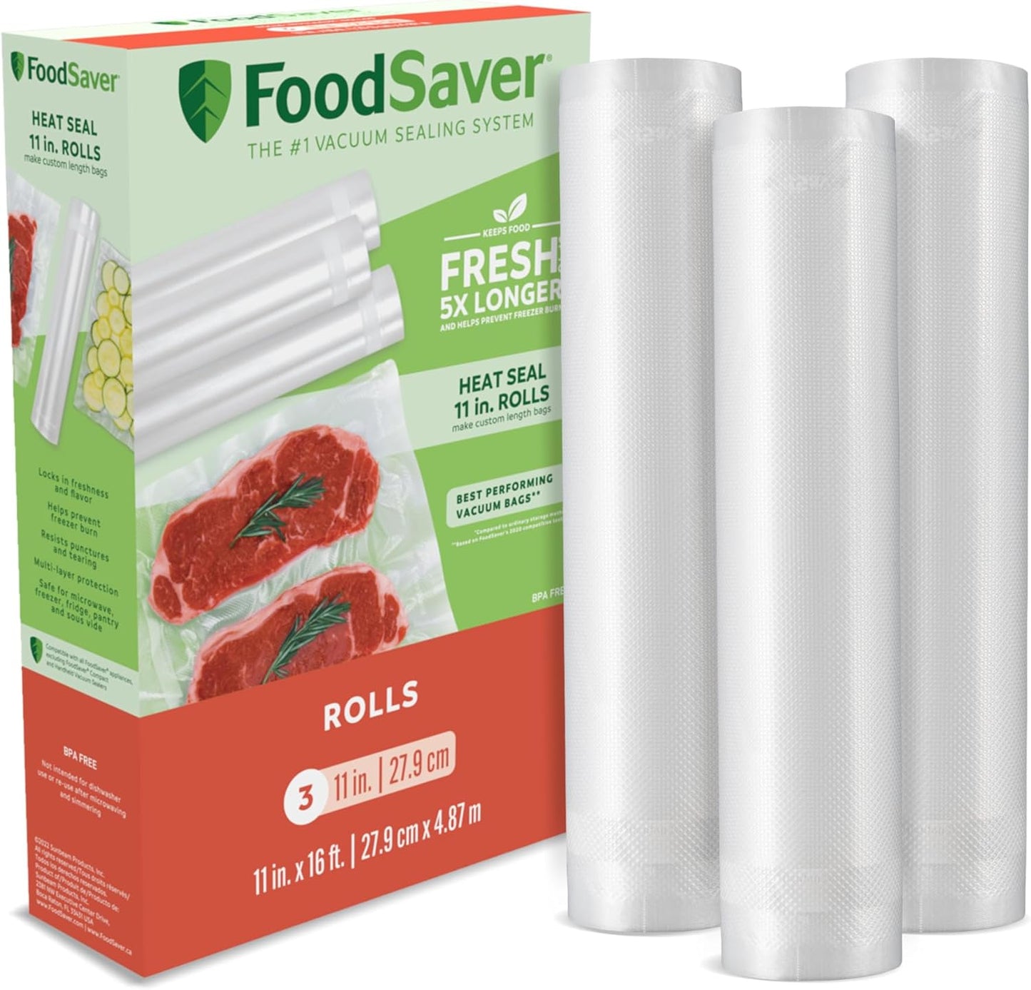 FoodSaver Custom Length Vacuum Sealer Bags Multipack, 5 Count Rolls for Airtight Food Storage and Sous Vide - Compatible with FoodSaver, 8 (2 Pack) and 11 (3 Pack)