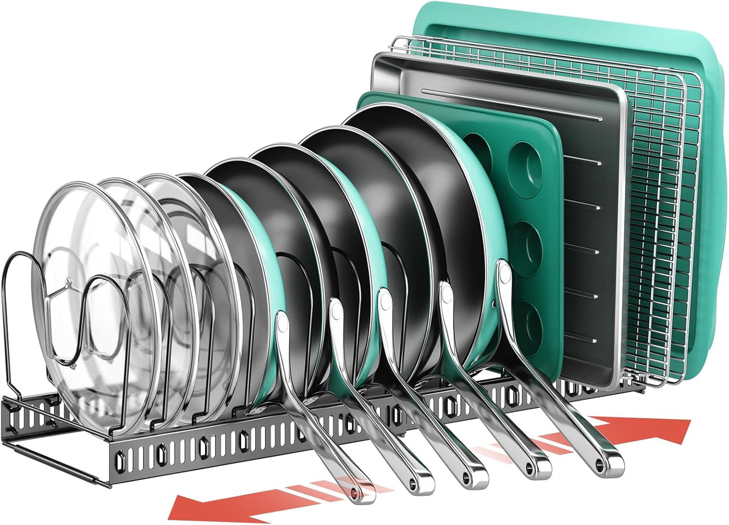 ORDORA Pots and Pans Organizer under Cabinet, Expandable 11.8"-22.8" Pot Lid Holder with 12 Adjustable Dividers, Pan Organizers inside Cabinet for Kitchen Cookware Bakeware, Black