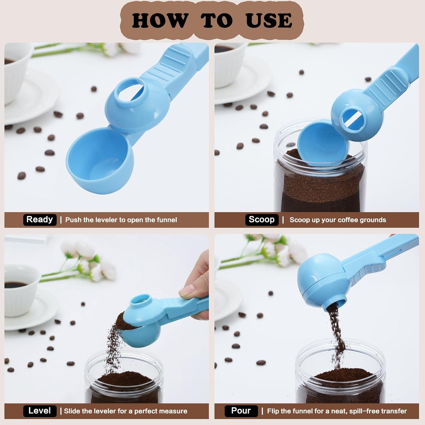 2-in-1 Coffee Scoop with Funnel, 2 Teaspoon Measuring Spoon for Reusable K Cups, Ground Coffee, Protein Powder & Tea, Mess-Free Plastic Design (Pink)