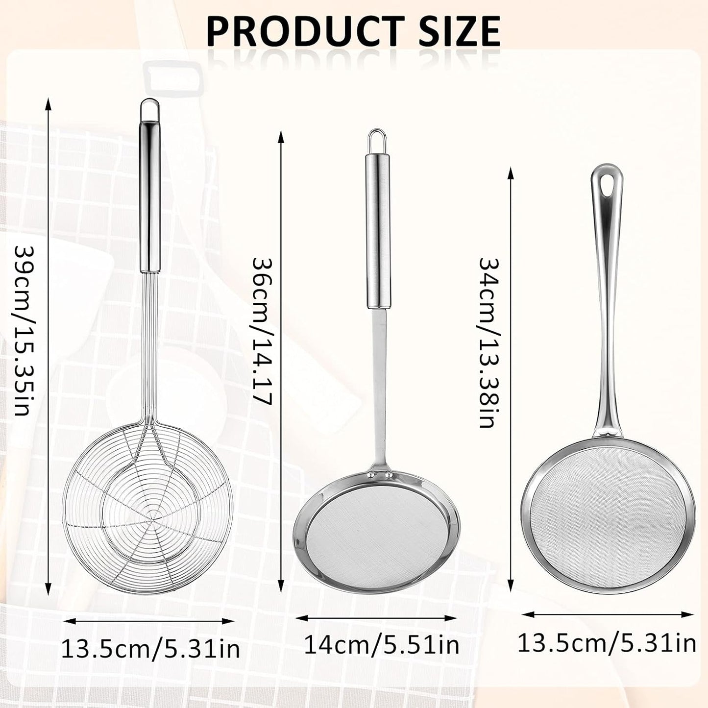 Shappy 3 Pieces Spider Strainer Skimmer Spoon Set, Stainless Steel Mesh Strainer with Handle Wire Mesh Colander, Hot Pot Fat Skimmer Spoon, Fine Mesh Food Strainer for Cooking, Skimming (5.5 Inch)