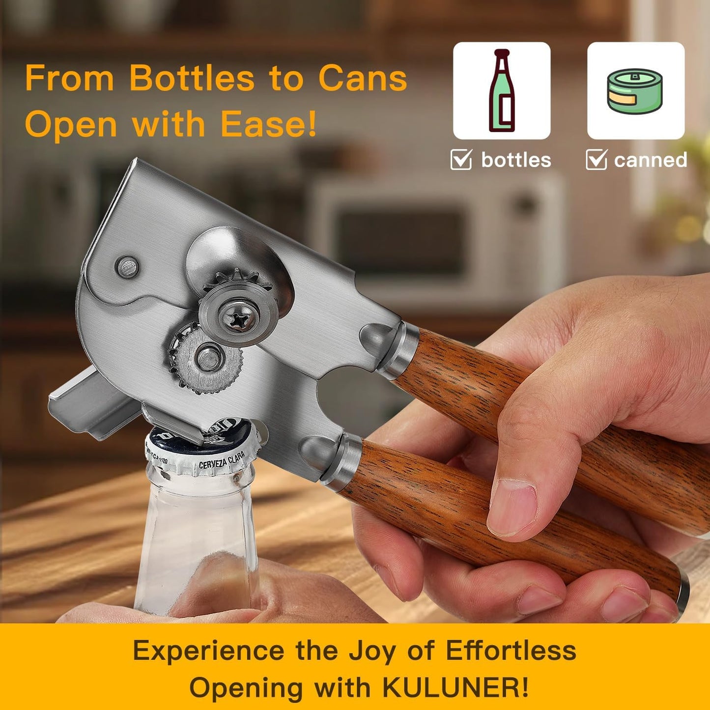 Upgraded Efficient Manual Can Opener - Selected Solid Wood Handle, Sharp and Smooth Blade Edge, Portable Design, Easy-Open Large Knob, Versatile for Various Bottle Caps（Rosewood）