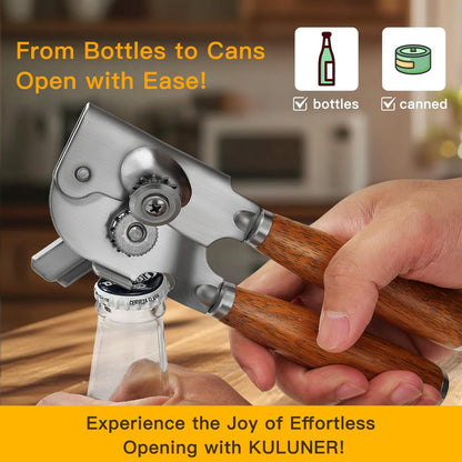 Upgraded Efficient Manual Can Opener - Selected Solid Wood Handle, Sharp and Smooth Blade Edge, Portable Design, Easy-Open Large Knob, Versatile for Various Bottle Caps（Rosewood）
