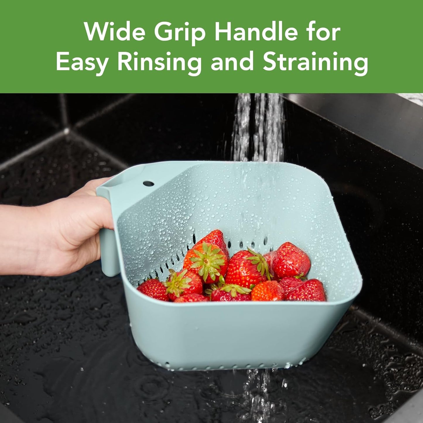 Tovolo Elements Square Colander with Handle Strainer Basket for Pasta Fruit Berries Veggies, Easy to Clean BPA Free Heat Resistant Plastic Colander with Spout 3 Quart Kitchen Strainer, Charcoal Gray