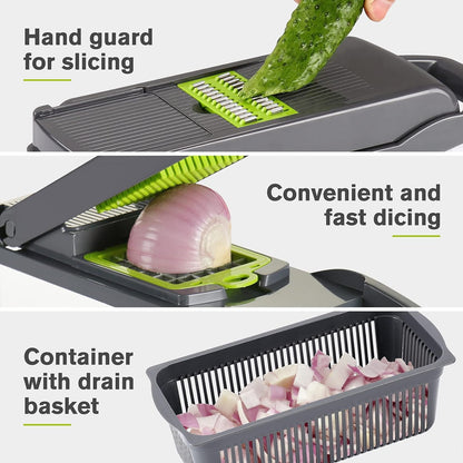 KEOUKE Vegetable Chopper Mandoline Slicer Pro - 16 in 1 Interchangeable Blades Food Chopper with Container, Hand Guard & Drainer, Veggie Dicer Spiralizer Kitchen Gadget for Onion, Cucumber, Fruit