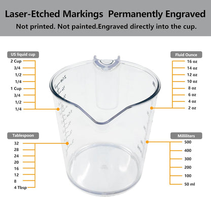 Laser-Etched Measuring Cup Set, 8 oz & 16 oz Clear Plastic Liquid Measuring Cups, Permanent oz/cup/Tbsp/mL Markings, Food-Grade for Baking & Cooking
