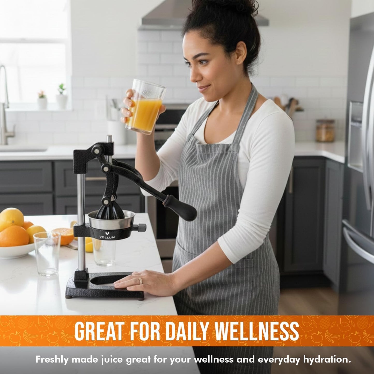 Vollum Hand Press Manual Citrus Juicer - citrus squeezer Commercial Grade Home Orange juice Squeezer for Oranges, Lemons, Limes - Stainless Steel and Cast Iron Non-skid Suction Cup Base- 15 Inch, Gray