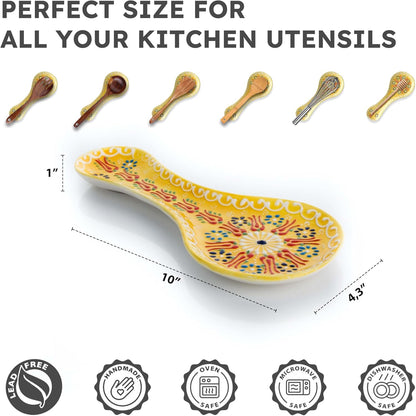 Handmade Spoon Rest, Ceramic Spoon Rest for Stove Top, 10" Spoon Rest for Kitchen Counter, Dishwasher Safe Spoon Holder for Stove, Housewarming Gifts Utensil Rest, Colorful Spoon Rests (Black)