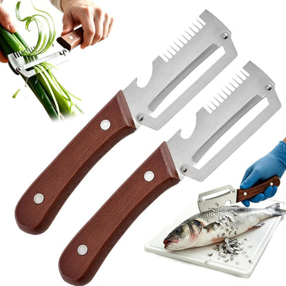 3 in 1 Premium Heavy Duty Stainless Steel Peeler - 2026 New 0 Snag Wooden Peeler for Kitchen - Multifunctional Vegetable Peeler with Bottle Opener & Serrated Blade - Fruit & Potato Peeling Tool (A+B)