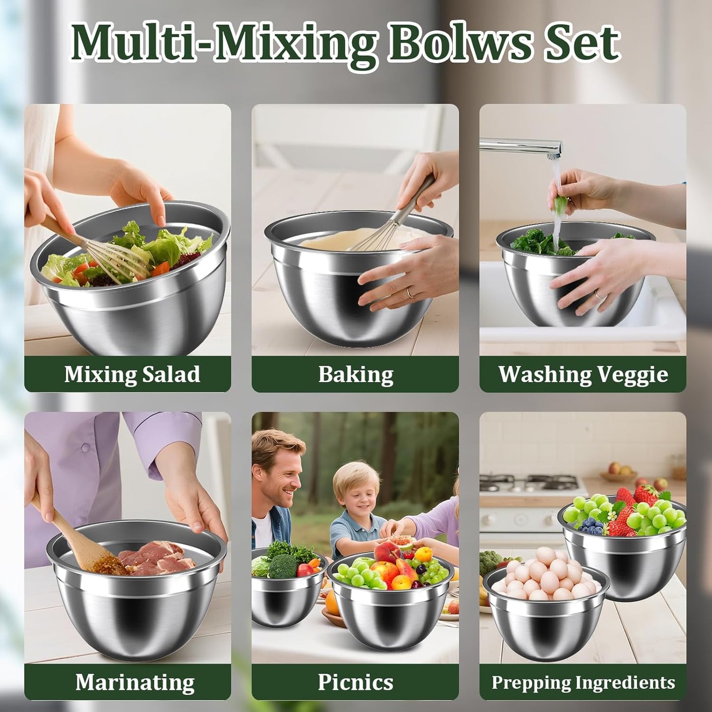 Mixing Bowls with Airtight Lids Set, 4 Stainless Steel Bowls Nesting Bowls & Colander, Kitchen Organizers and Storage Non-Slip Bottom, Size 1.5/2.0/2.5/4.5QT, Great for Mixing & Serving, Khaki
