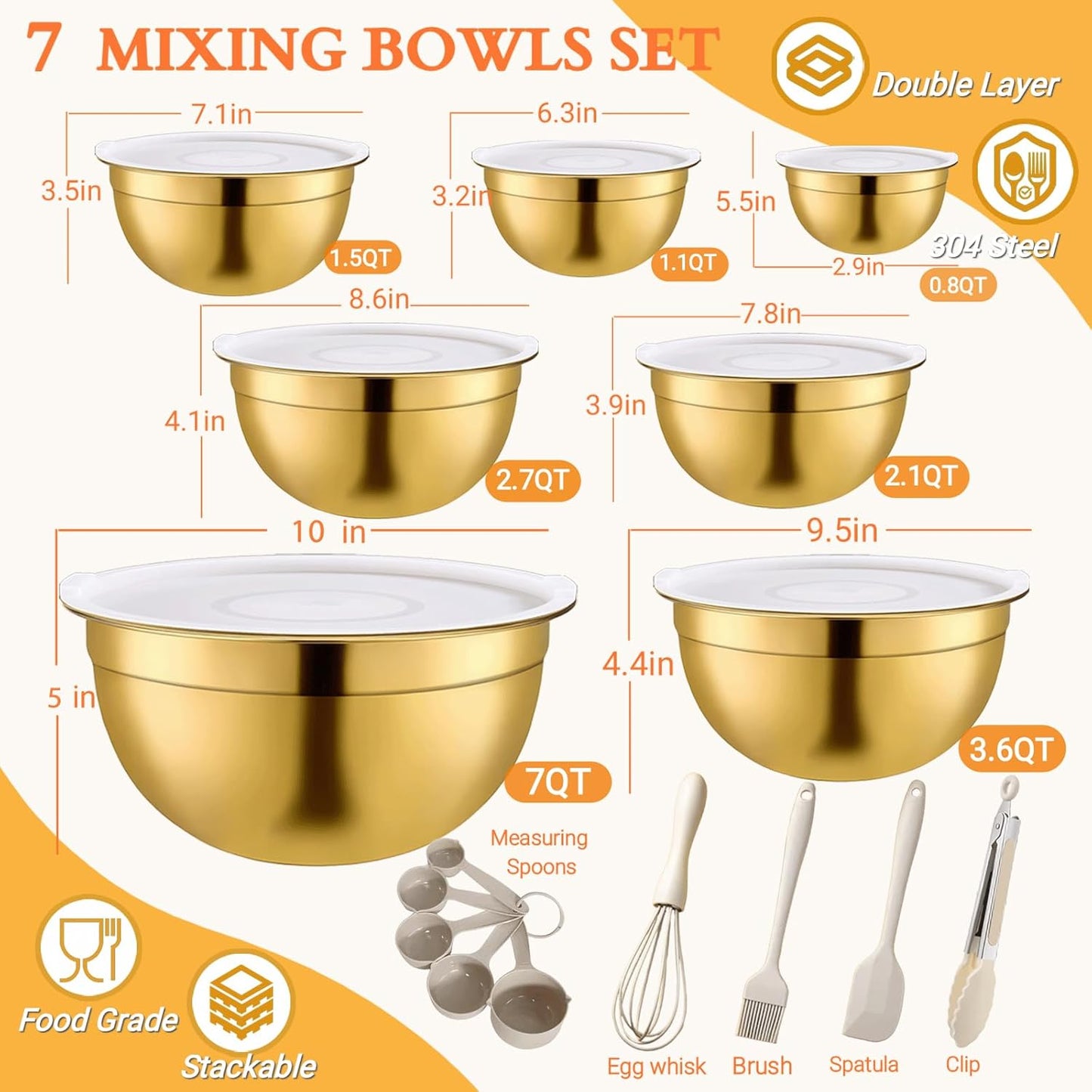 7 Pack Gold Mixing Bowls Set with 5 PCS Kitchen Accessories, Stainless Steel Nesting Mixing Bowls with Airtight Lids, Baking, Prepping and Serving Food, Stackable Size 7,3.6,2.7,2.1,1.5,1.1,0.8QT