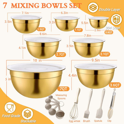 7 Pack Gold Mixing Bowls Set with 5 PCS Kitchen Accessories, Stainless Steel Nesting Mixing Bowls with Airtight Lids, Baking, Prepping and Serving Food, Stackable Size 7,3.6,2.7,2.1,1.5,1.1,0.8QT