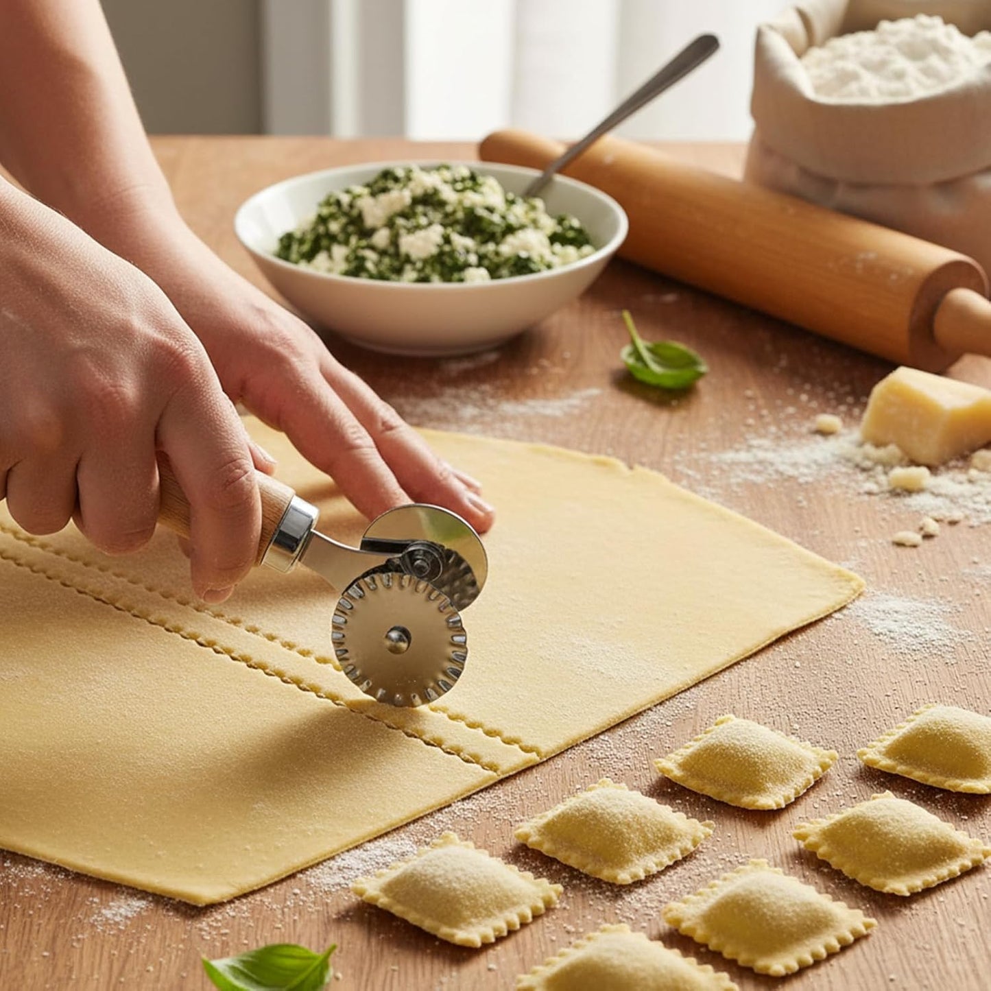 Pastry Double Cutter Wheel Stainless Steel Pasta Cutter Wheel with Beechwood Wooden Handle Ravioli Crimper Cutter-Wheel Baking Tool for Home and Kitchen Pasta Pizza Ravioli Cookie Use