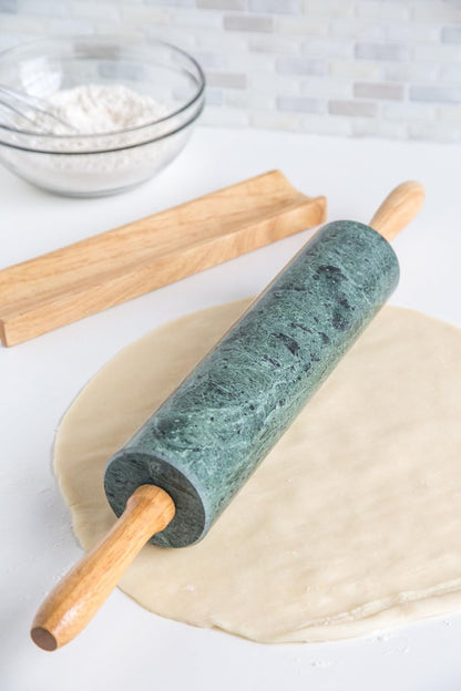 Fox Run Polished Marble Rolling Pin with Wooden Cradle, 10-Inch Barrel, White