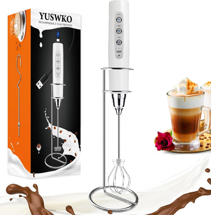 YUSWKO Black Handheld Milk Frother Wand for Coffee, Rechargeable Electric Whisk with 3 Heads 3 Speeds Drink Mixer Coffee Frother For Latte, Cappuccino, Hot Chocolate, Egg
