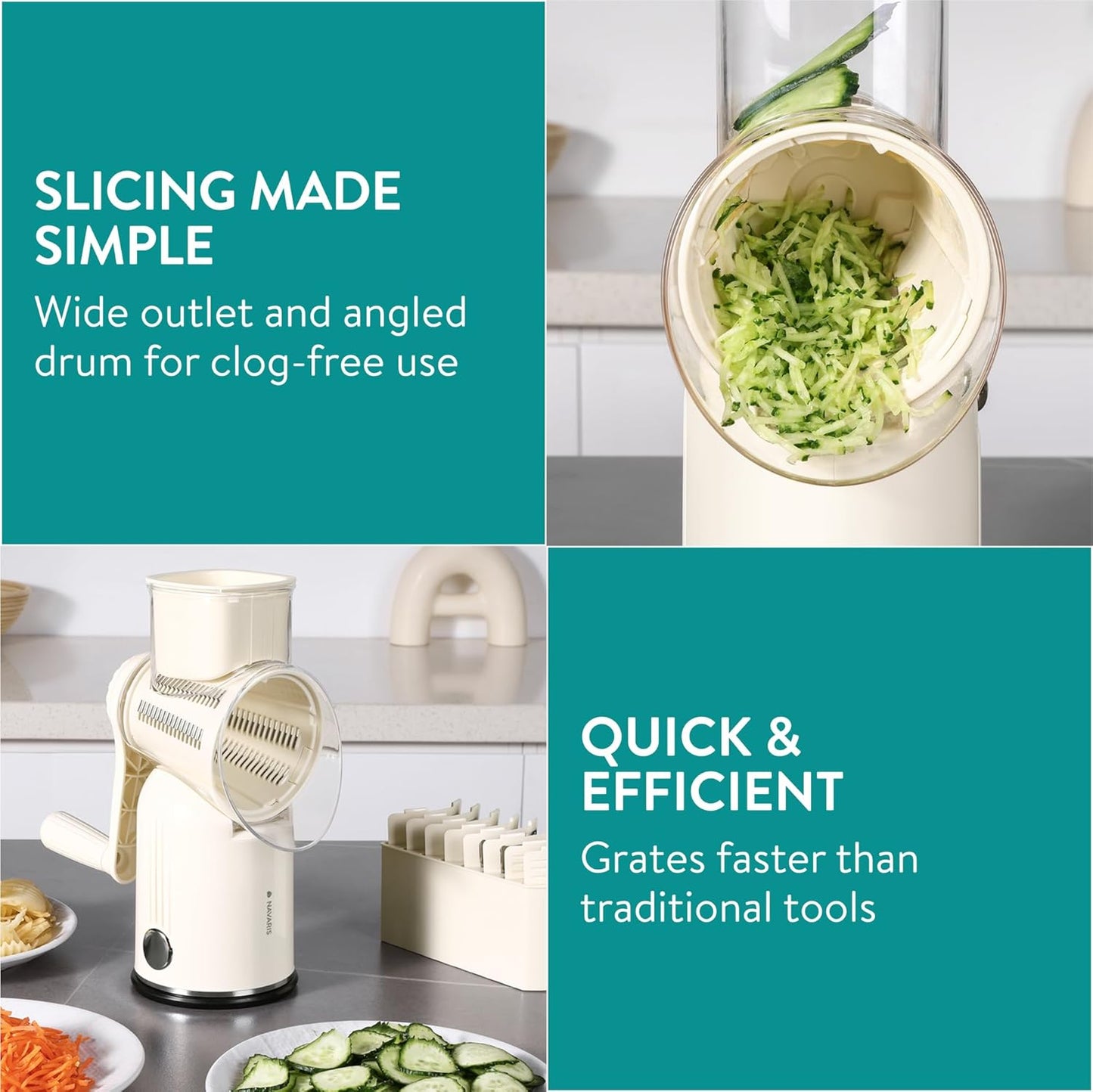 Navaris Rotary Cheese Grater with 5 Blades - Vegetable Shredder, Strong Suction Base, Mandoline Slicer for Fruit, Nuts, Dishwasher Safe, with Storage Box, Easy to Clean, Cream