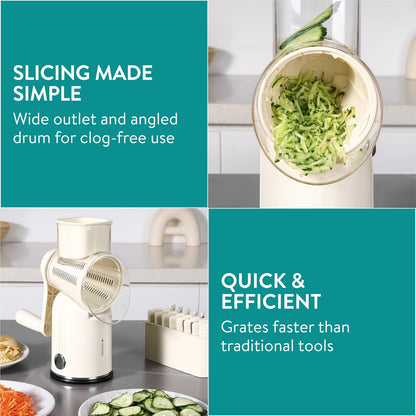 Navaris Rotary Cheese Grater with 5 Blades - Vegetable Shredder, Strong Suction Base, Mandoline Slicer for Fruit, Nuts, Dishwasher Safe, with Storage Box, Easy to Clean, Cream