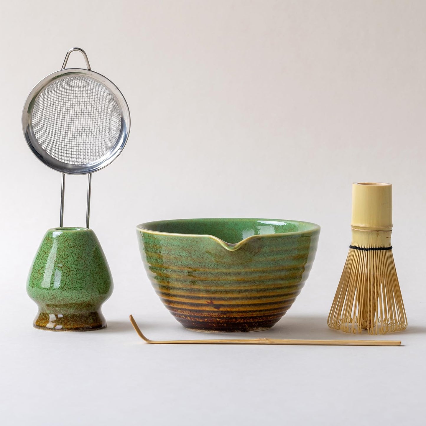 Traditional Matcha Tea Ceremony Set with Ceramic Bowl, Bamboo Whisk, Stand and Strainer, 5-Piece (yellow)
