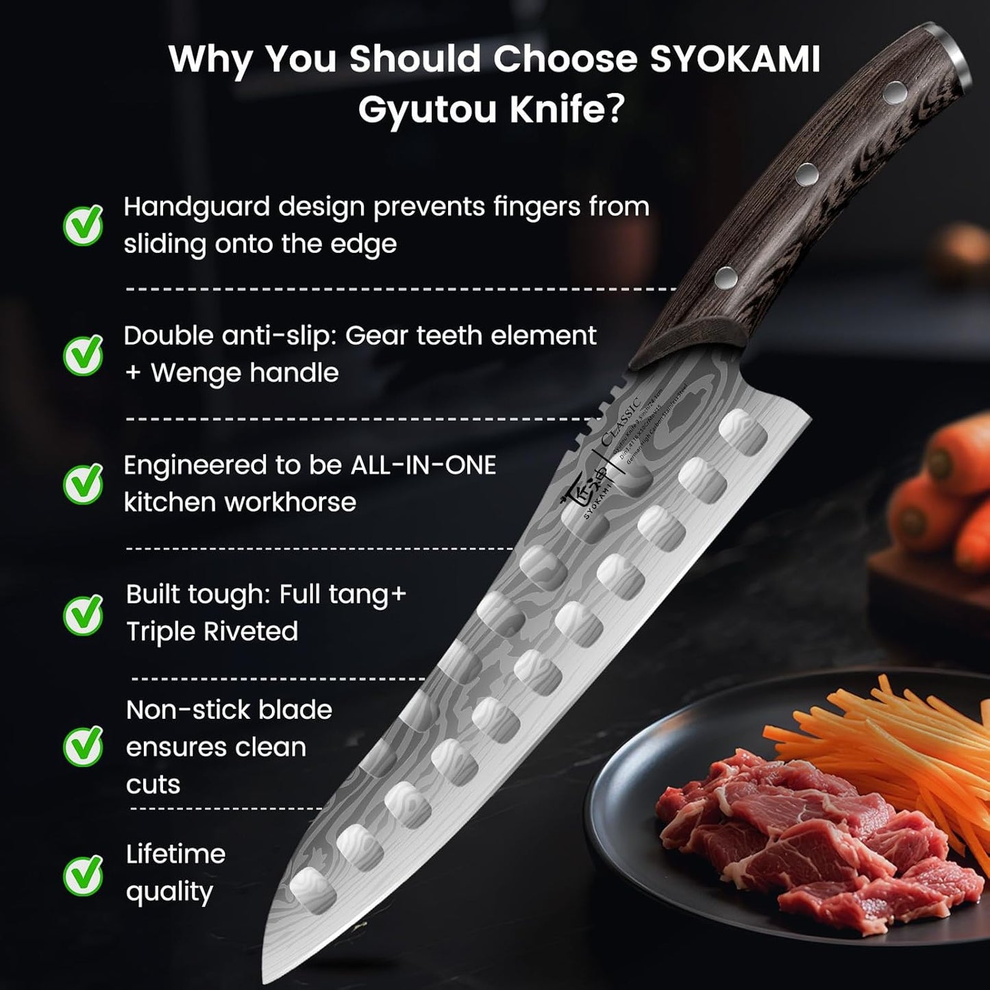 SYOKAMI Cleaver Chef Knife with Herb Stripper, 7" Asian Kitchen Knife 3-in-1 Combined with Chef's Knife, Santoku, Nakiri for Slicing, Chopping, Dicing, Mincing, Housewarming Birthday Cooking Gifts