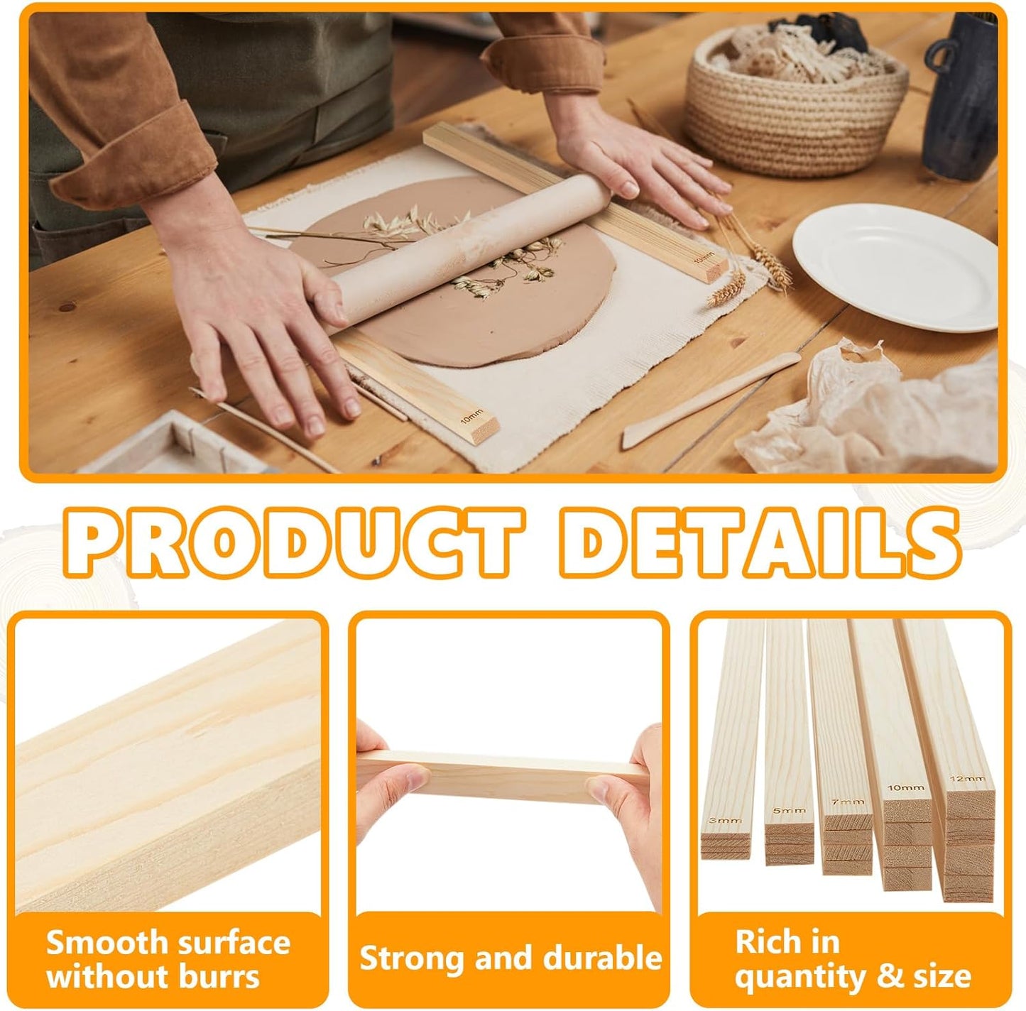 Sasylvia 10 Pcs Pottery Rolling Pin Guides Wood Teaching Rolling Mud Stick Guide Set Polymer Clay Depth Guide Pottery Tools Clay Mudboard Tools (5 Size,Wood Color)