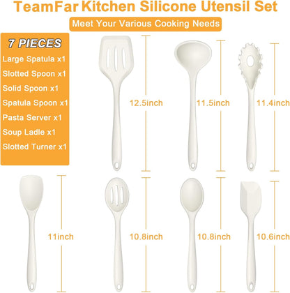 TeamFar Silicone Cooking Utensil Set of 7, Black Kitchen Nonstick Tools Turner Spoon Spatula Ladle Pasta Server for Nonstick Cookware, Healthy & One-Piece, Anti-Heat & Dishwasher Safe