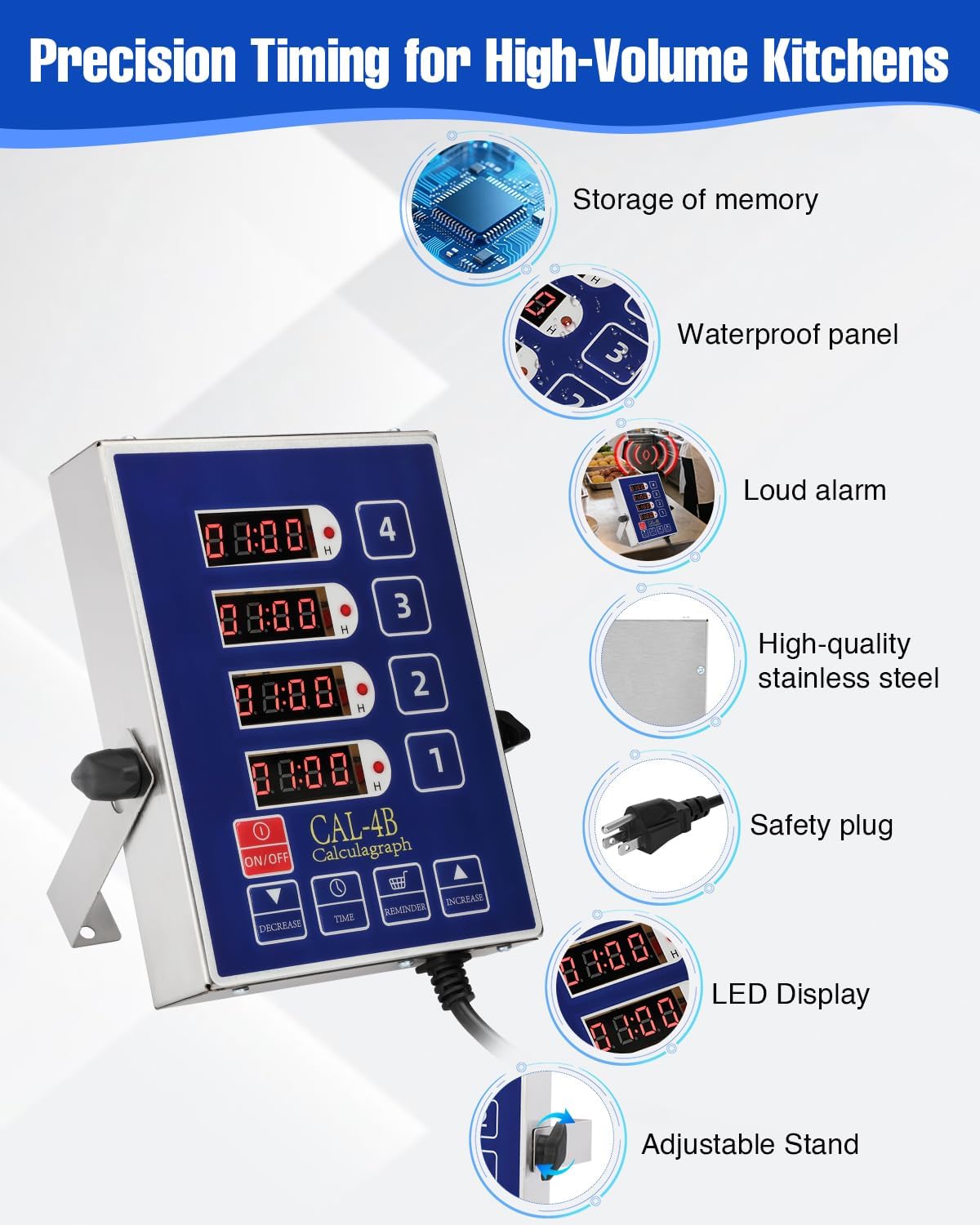 Commercial Kitchen Timers for Cooking, 8 Channel Timer for Commercial Kitchens, Heavy-Duty Loud Alarm Timer for Restaurants, Stainless Steel, LED Technology