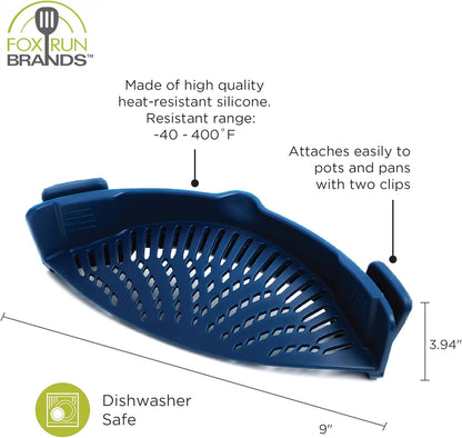 Fox Run Silicone Clip On Pot Strainer, Navy Kitchen Strainer For Pots, Pans and Bowls