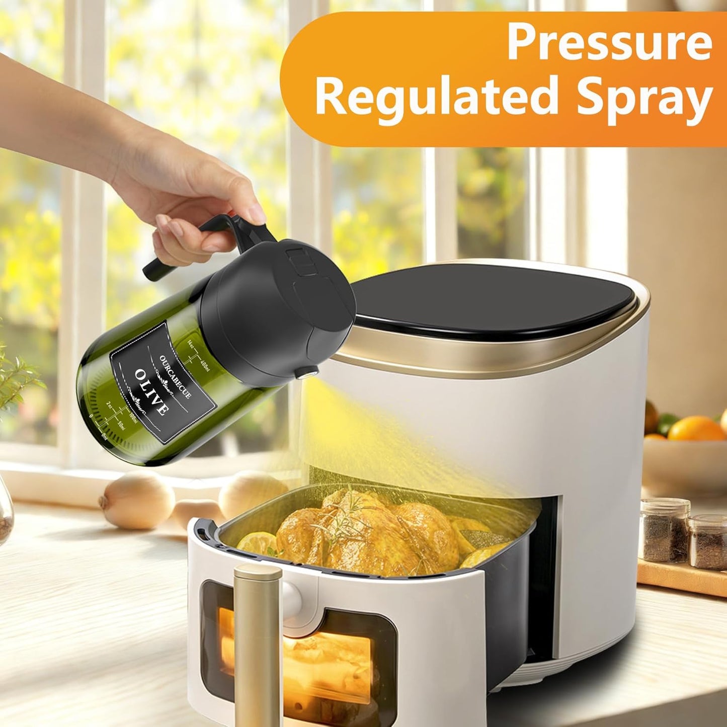 OURCABECUE 2 in 1 Olive Oil Sprayer for Cooking, 16oz/470ml Light-Blocking Dark Olive Oil Dispenser Bottle for Kitchen, Food-Grade Glass Oil Mister with 8 Oil Stickers