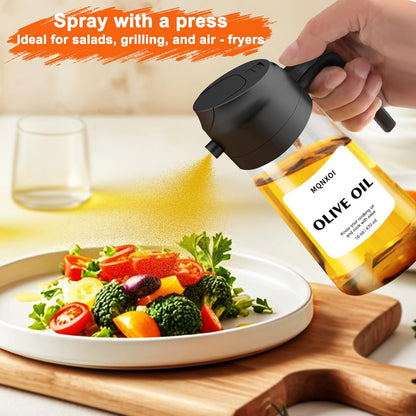 mqnxoi Oil Sprayer for Cooking, 2 in 1 Olive Oil Dispenser Bottle for Kitchen, 16oz/470ml Premium Glass, Food-grade Oil Mister for Air Fryer, Salad, Frying, BBQ (Black + Dark Green Bottle)