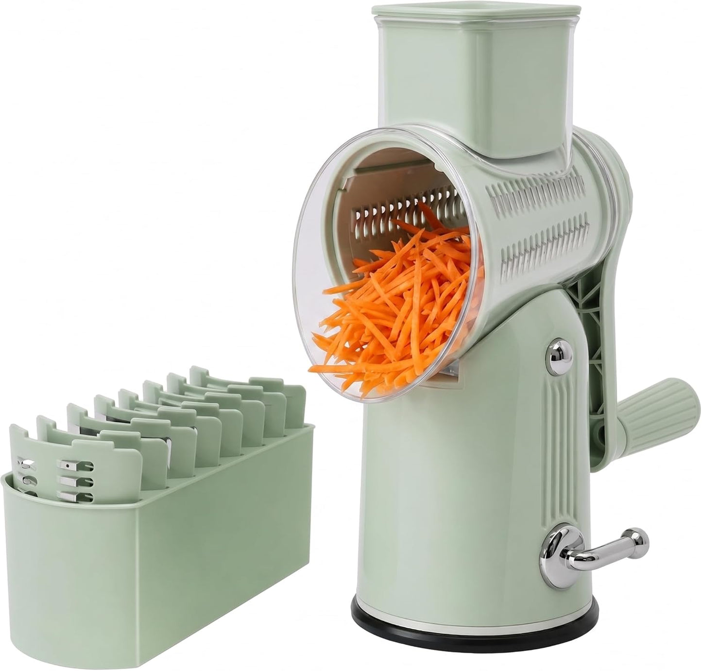 5 in 1 Rotary Cheese Grater with Hand Crank, 5 Replaceable Blades, Strong Suction Base, Multi-Functional Vegetable Slicer Shredder Chopper with Blade Storage Box for Fruit Vegetables Nuts(Green)