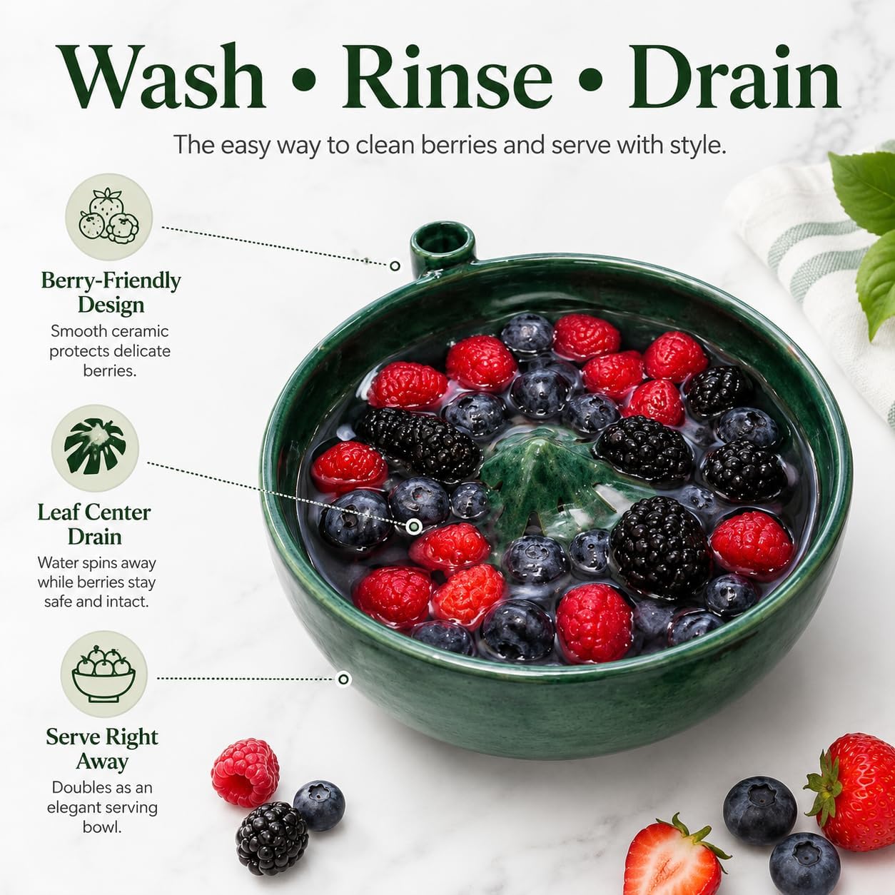 Self Spinning Berry Washing Bowl, Automatic Fruit Vegetable Washer Spinner with Drain Basket, Quick Cleaning Multipurpose Kitchen Fruit Washing Basket for Berry Grape Cherry
