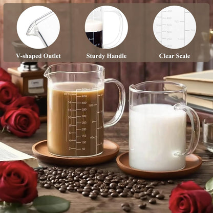 Glass Measuring Cup with Handle, 500 ML High Borosilicate Glass Three Scales (OZ, Cup, ML/CC) easuring Beaker for Kitchen or Restaurant, V-Shaped Spout Glass Measuring Beaker, Easy To Read