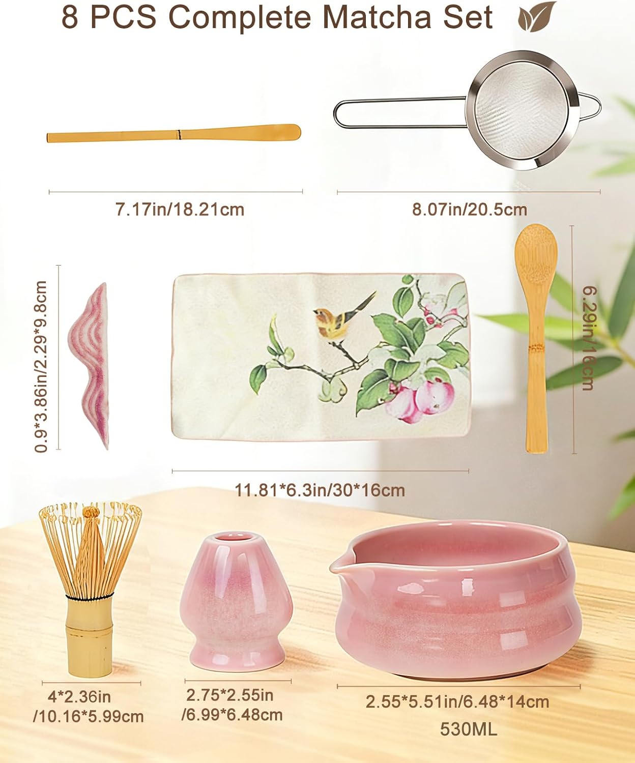 Matcha Whisk Set - 8Pcs Matcha Set includes Bowl, Whisk and Holder, Bamboo Scoop, Scoop Rest, Spoon, Sifter and Tea Towel, for Matcha Lovers, Gift- Green