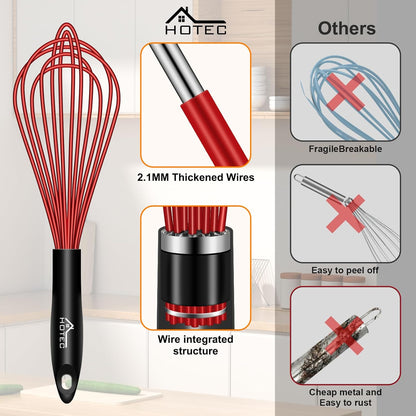 HOTEC 4 Pieces Silicone Whisks Set, Wire Balloon Whisks for cooking Egg Beater, Non-slip Handle Whisk for Non-stick Cookware Perfect for Cooking, Stirring, Beating and Blending (Multicolor)