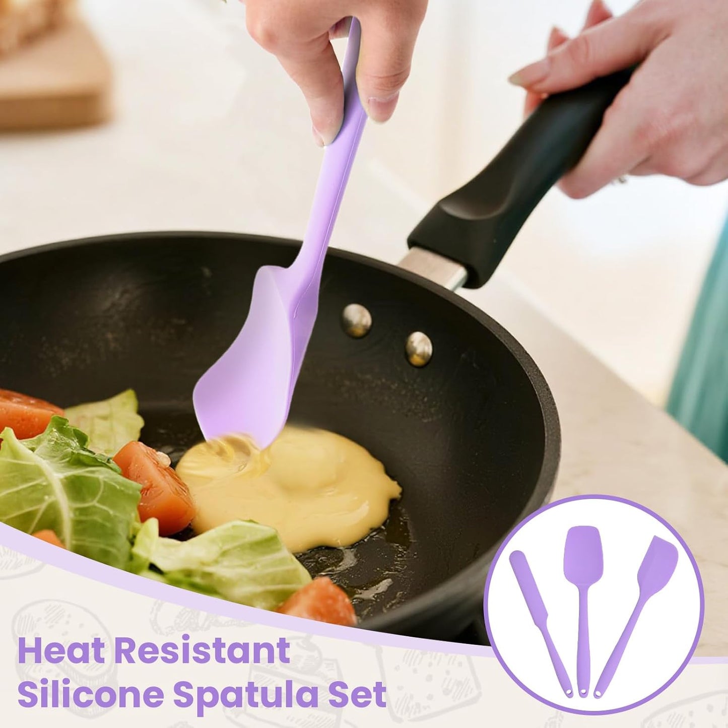 Spatulas Silicone Heat Resistant, Rubber Spatula Food Grade, Handle with Ergonomic Grip Kitchen Utensils Set,Nonstick Silicona Cooking Utensils Set for Cooking and Mixing 3Pacs Purple
