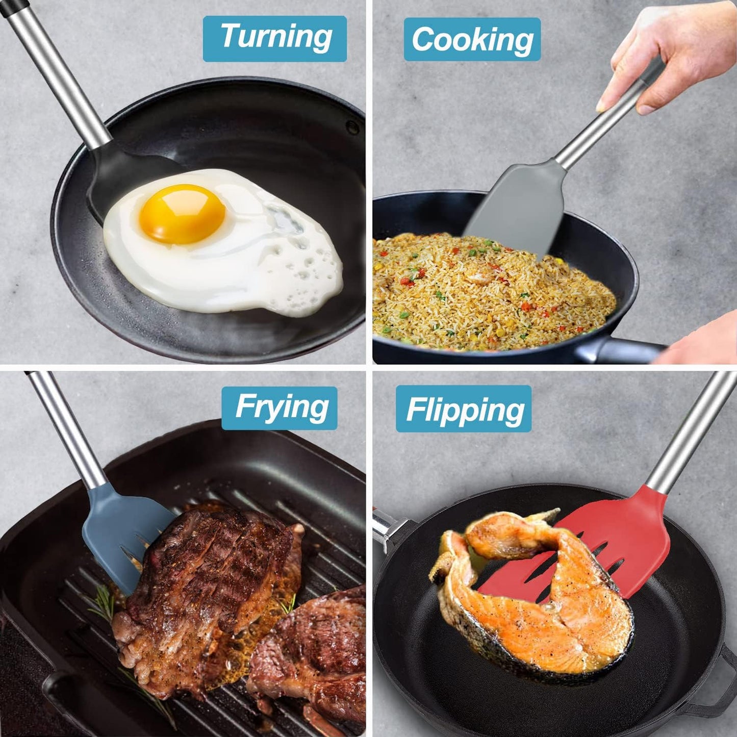 2 Pack Spatulas, Solid & Slotted Silicone Spatula Set, Stainless Steel Handle Coated with Silicone, Non Stick Turners, Heat Resistant Rubber Spatulas for Fish, Eggs, Pancakes, WOK, Black