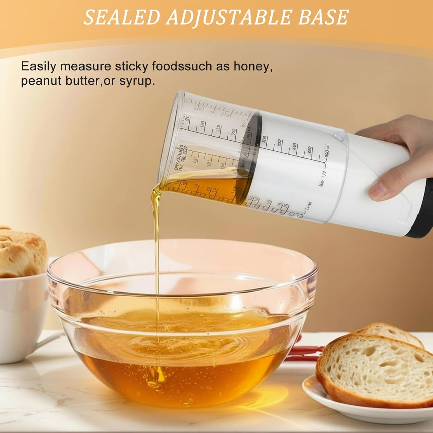 6 Pcs Adjustable Measuring Cups Set Includes 2 Cup Push up Measuring Cup and 5 Measurings Spoon for Peanut Butter 4 in 1 Liquid Dry Semi Solid Ingredient Home Cooking Tool