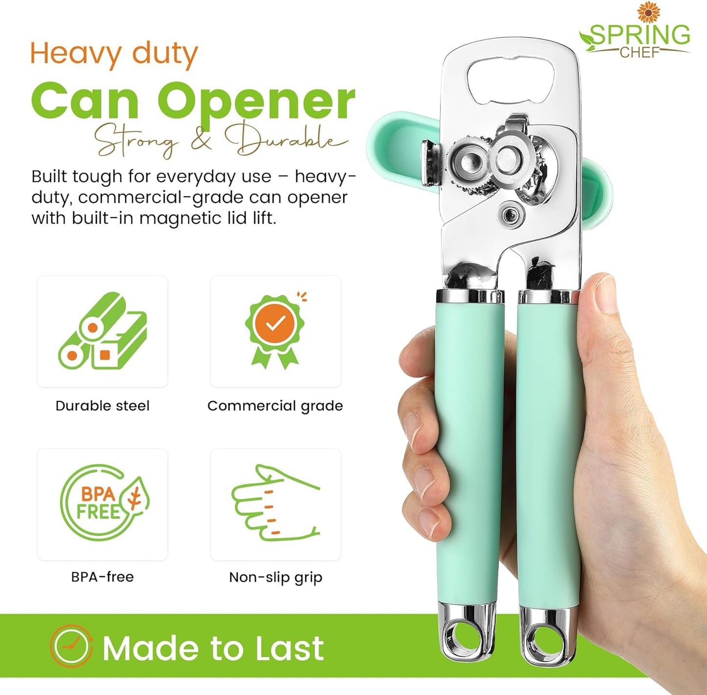 Spring Chef Stainless Steel Can Opener - Manual with Soft Grip Handles, Easy Turn, Heavy Duty Hand Can Openers for Seniors with Smooth Edge - Magnetic Lid Remover - Black