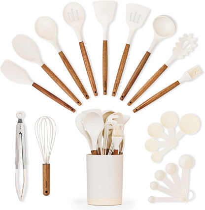 SMIRLY Kitchen Utensils Set – 22-Piece Silicone Cooking Utensils Set, Spatula Set with Holder, Wooden Handle Silicone Kitchen Gadgets for Nonstick Cookware