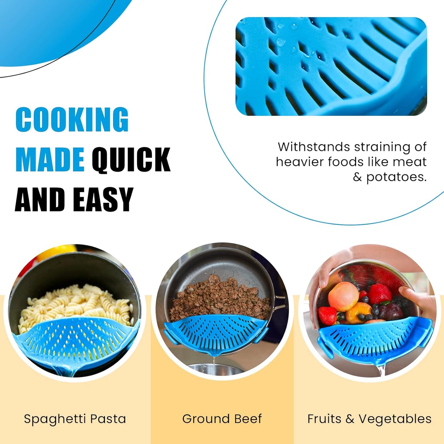 Clip On Kitchen Food Strainer for Spaghetti, Meat, Pasta, & Ground Beef Grease, Colander & Sieve Snaps or Clips Onto Bowls, Pots & Pans Includes Silicone Drainer, Brush & Garlic Peeler (Dk Red)