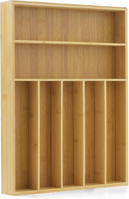 JoyJolt Bamboo Drawer Organizer, 7-Compartment Silverware Organizer, Cutlery and Utensil Organizer, Drawer Organizers for Garage, Kitchen, and Bathroom, Organizer Drawers for Kitchen Utensils