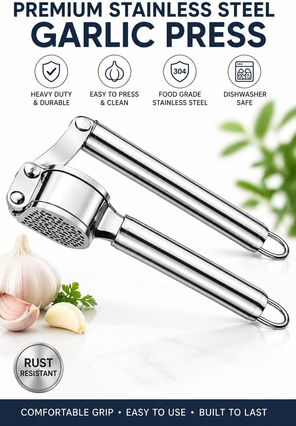 Stainless Steel Garlic Press, Heavy Duty Garlic Crusher Mincer, Easy Squeeze Ergonomic Handle, Kitchen Tool for Garlic Ginger
