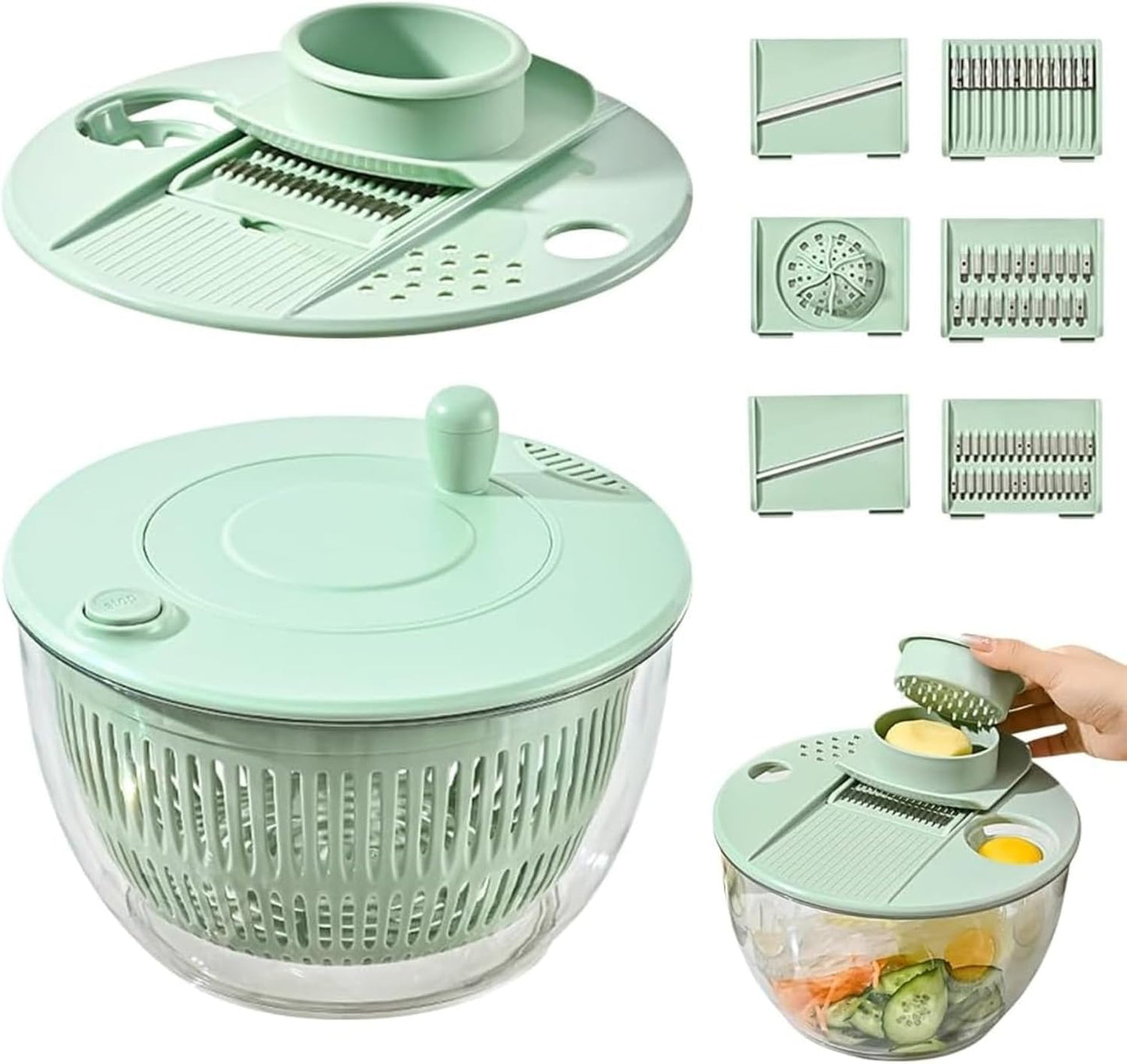 All-in-One Salad Spinner & Vegetable Chopper, Large 5.3Qt Lettuce Spinner Dryer with 5 Blades Slicer Shredder, Multifunctional Vegetable Cutter Fruit Washer Bowl for Kitchen Prep (Green)