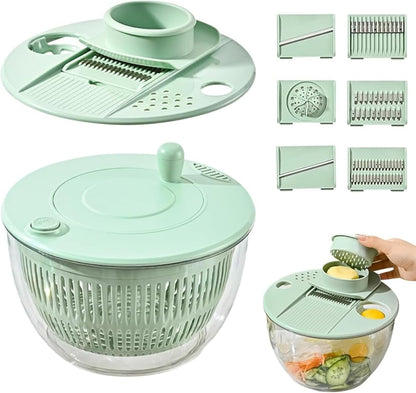 All-in-One Salad Spinner & Vegetable Chopper, Large 5.3Qt Lettuce Spinner Dryer with 5 Blades Slicer Shredder, Multifunctional Vegetable Cutter Fruit Washer Bowl for Kitchen Prep (Green)