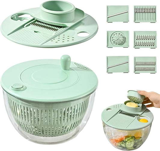 All-in-One Salad Spinner & Vegetable Chopper, Large 5.3Qt Lettuce Spinner Dryer with 5 Blades Slicer Shredder, Multifunctional Vegetable Cutter Fruit Washer Bowl for Kitchen Prep (Green)