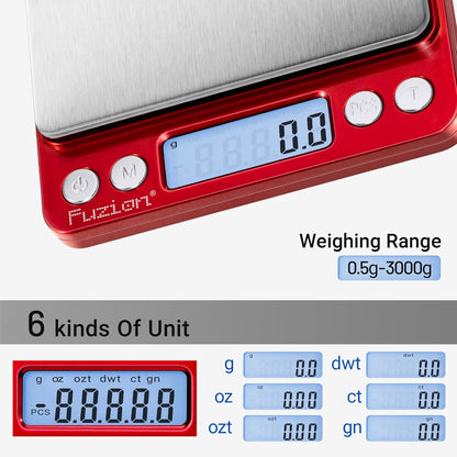 Fuzion Digital Kitchen Scale 3000g/ 0.1g, Pocket Food Scale 6 Units Conversion, Gram Scale with 2 Trays, LCD, Tare Function, Reptile Scale, Herb Scale(Battery Included)