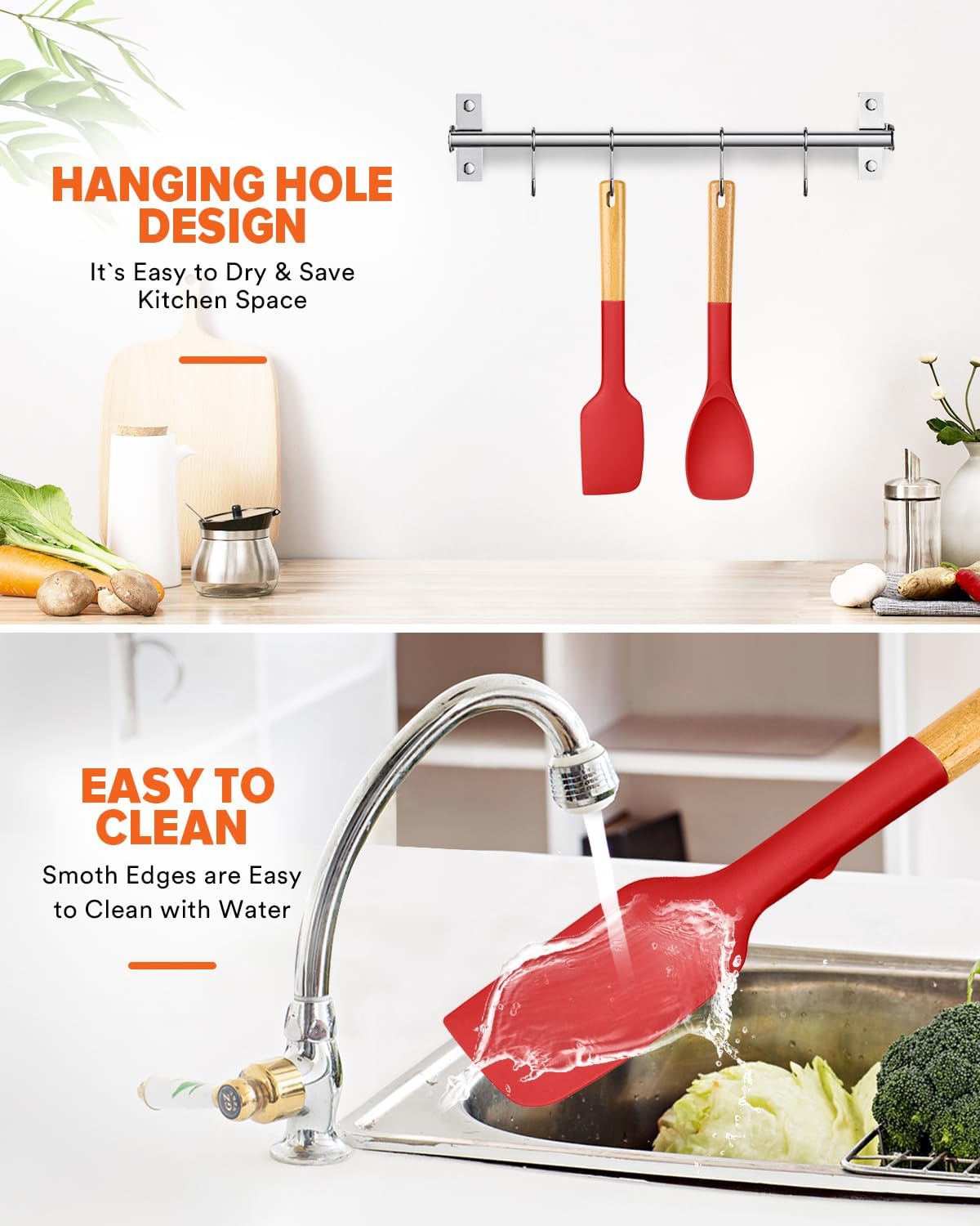 Silicone Spatula and Spoonula Set, Great For Stirring, Tough Mixing and Folding, Sturdy Bpa-Free Matte Silicone, Wooden Handle Rubber Scraper For Nonstick Cookwares (Grey)
