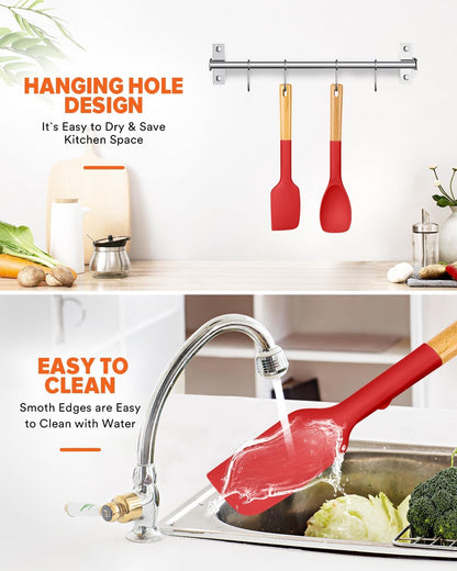 Silicone Spatula and Spoonula Set, Great For Stirring, Tough Mixing and Folding, Sturdy Bpa-Free Matte Silicone, Wooden Handle Rubber Scraper For Nonstick Cookwares (Grey)